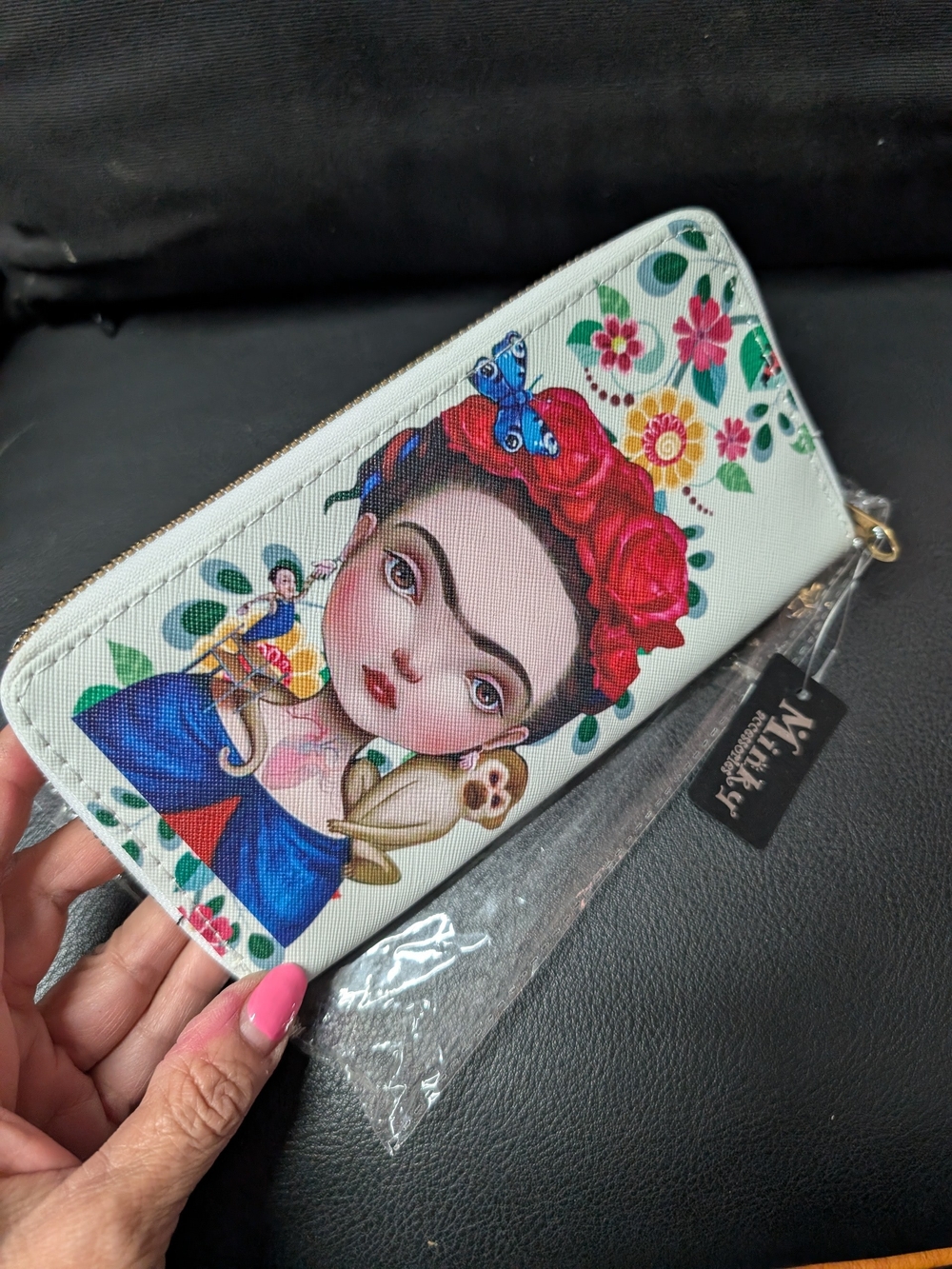 White Floral Frida-Style Zip Wallet with Red Accents